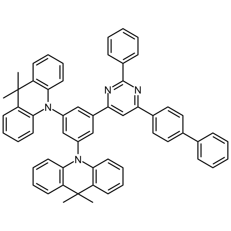 DMAC-BPP C58H46N4 Cas number: 1836192-40-5. 10,10′‐[5‐(6‐[1,1′‐Biphenyl]‐4‐yl‐2‐phenyl‐4‐pyrimidinyl)‐1,3‐phenylene]bis[9,10‐dihydro‐9,9‐dimethyl‐acridine] Sublimed: >99.0% (HPLC). Chemical compound